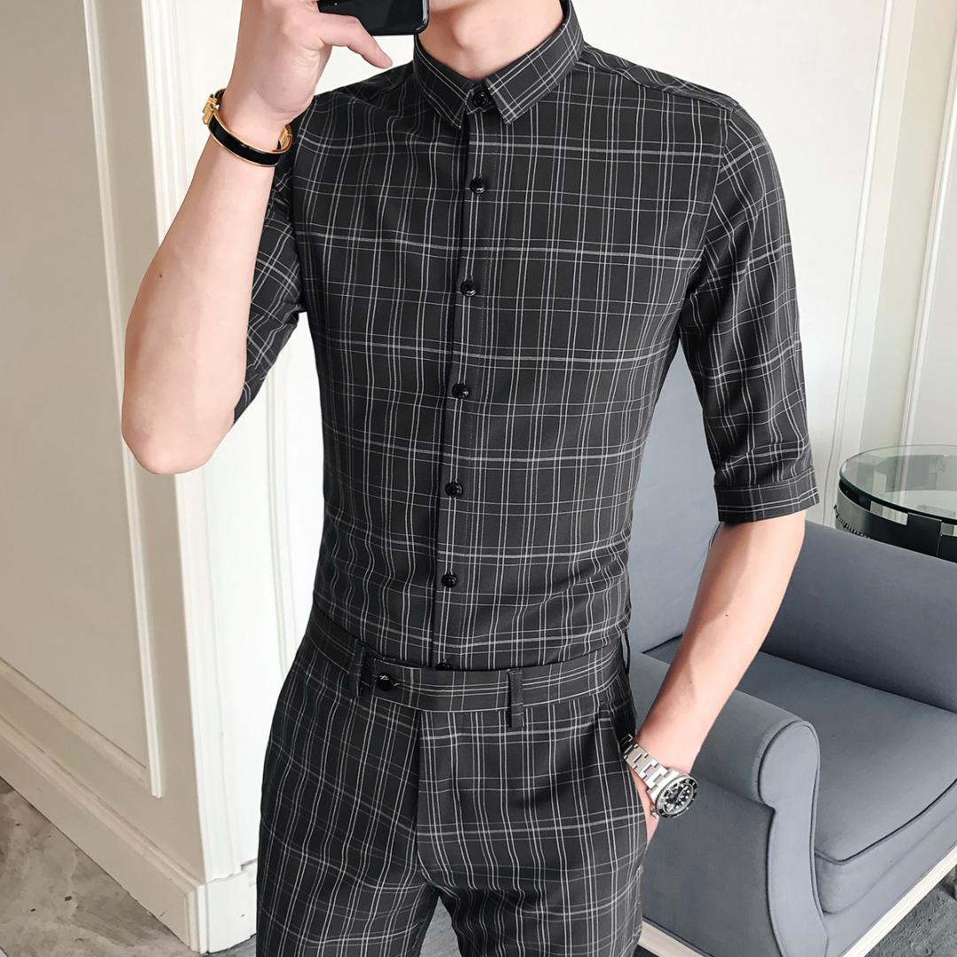 2pcs Vintage Plaid Office Men Set Slim Fit Mens Summer Shirts Heren Kleding Ankle Length Men Slim Fit Plaid Pants Moda Hombre