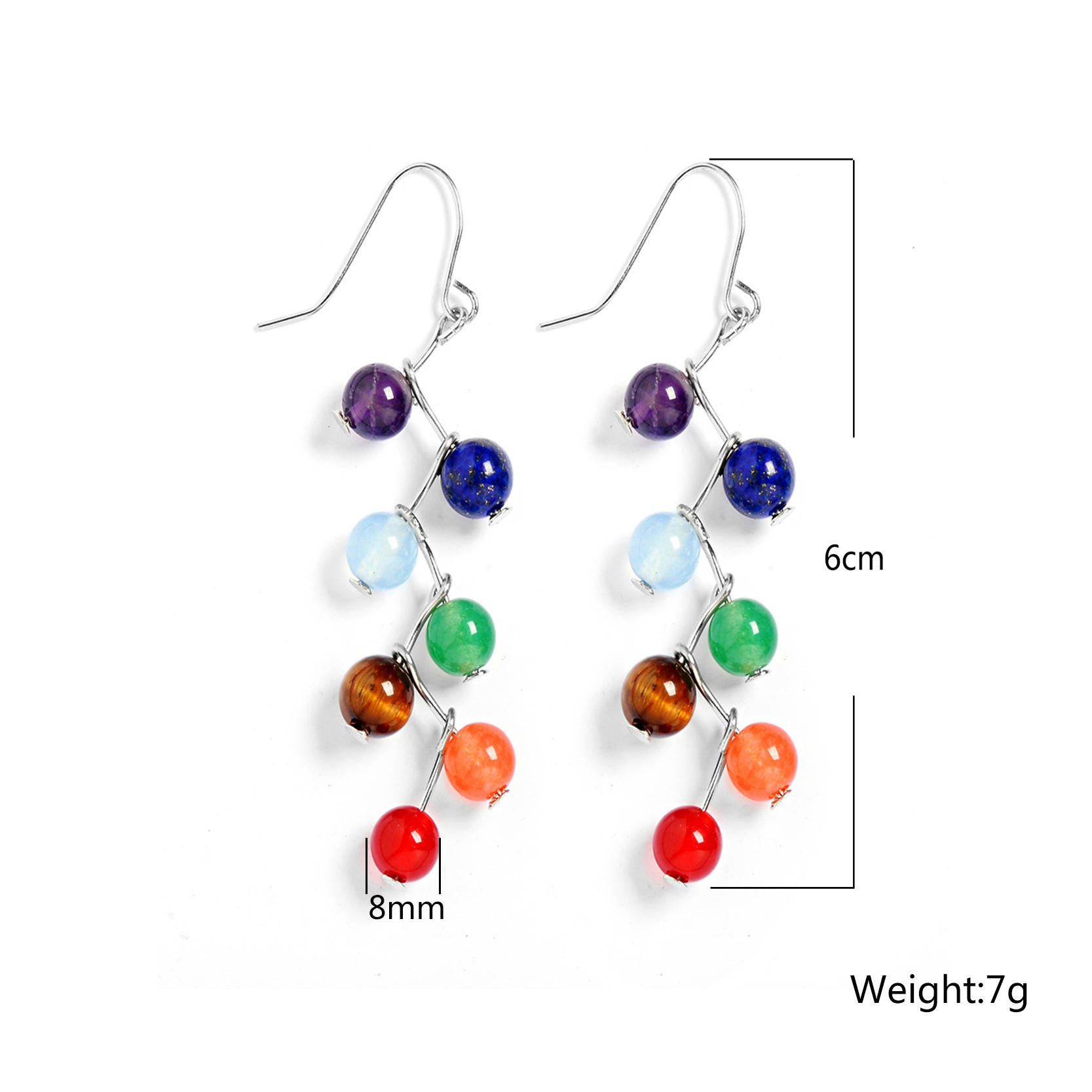 Fashion Healing Chakra 7 Rainbow Round Natural Stone For Women Vintage Yoga Bead Jewelry Long Drop Colorful Dangle Earrings Boho