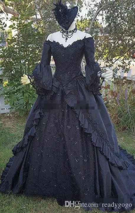 Victorian Vintage Black Dresses With Long Sleeve Retro Plus Size Off Shoulder Gothic Corset Lace Up Wedding Bridal Gown 6660311
