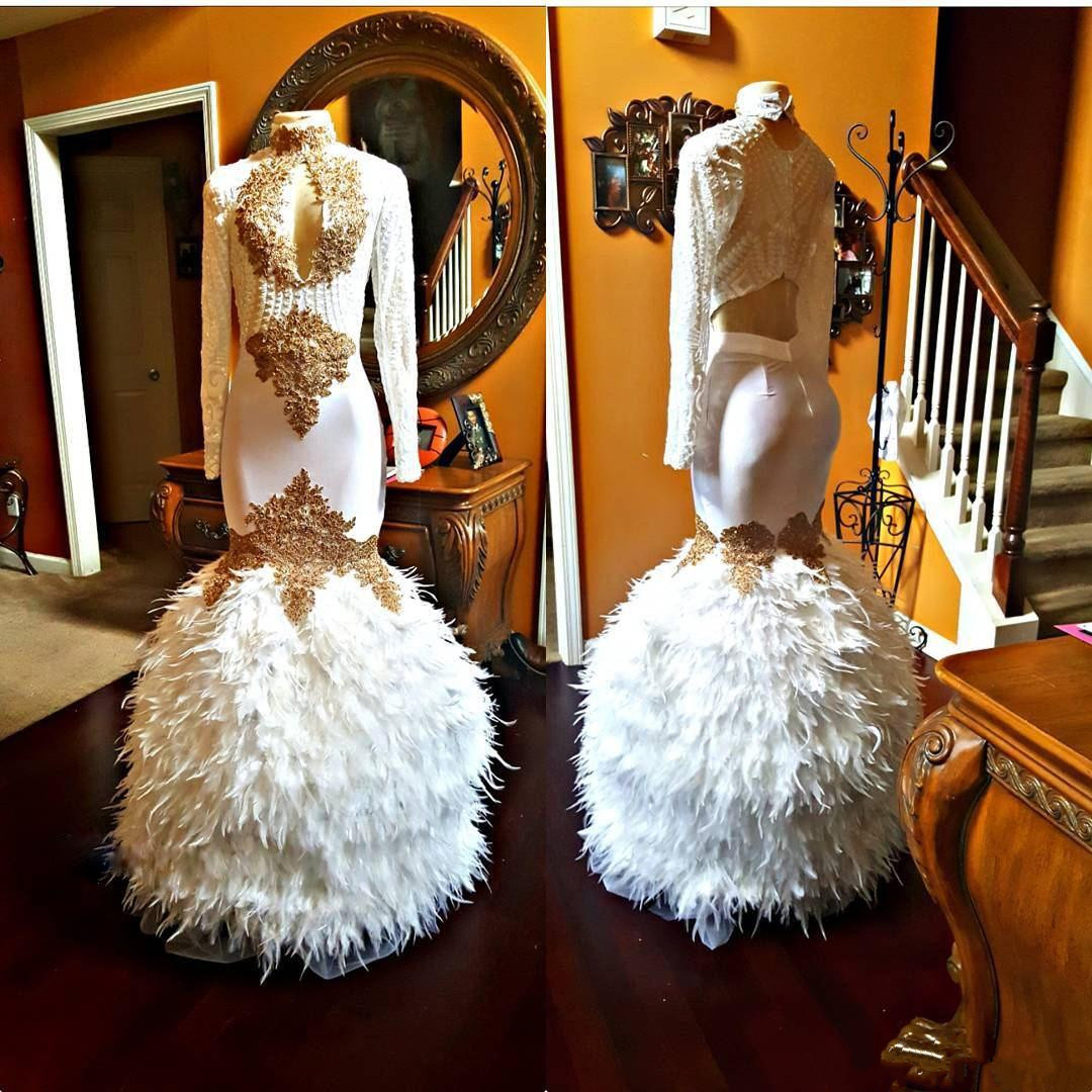Gorgeous Feather Mermaid Prom Dresses Luxury Golden Applique High Neck Long Sleeve Party Dress Sexy 2k18 Black Girl Evening Gowns