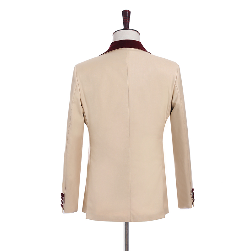 Brand New Champagn Groom Tuxedos Wine Velvet Lapel Side Vent Groomsmen Blazer Excellent Men Dinner Prom Suit(Jacket+Pants+Tie+Vest) NO:163