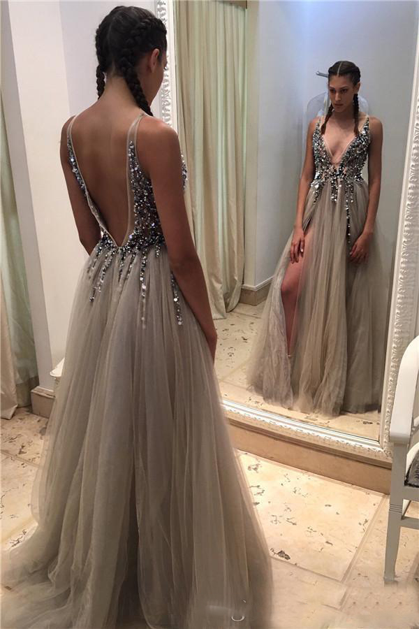 Thigh Split Evening Dresses Plunging Neckline Appliques Backless Prom Gowns Floor Length Tulle Evening Party Dress, Fuchsia
Thigh Split Evening Dresses Plunging Neckline Appliques Backless Prom Gowns Floor Length Tulle Evening Party Dress, Fuchsia