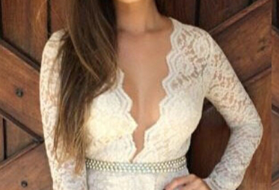 2015 new Fashion deep V-neck long-sleeve lace dress white formal dress