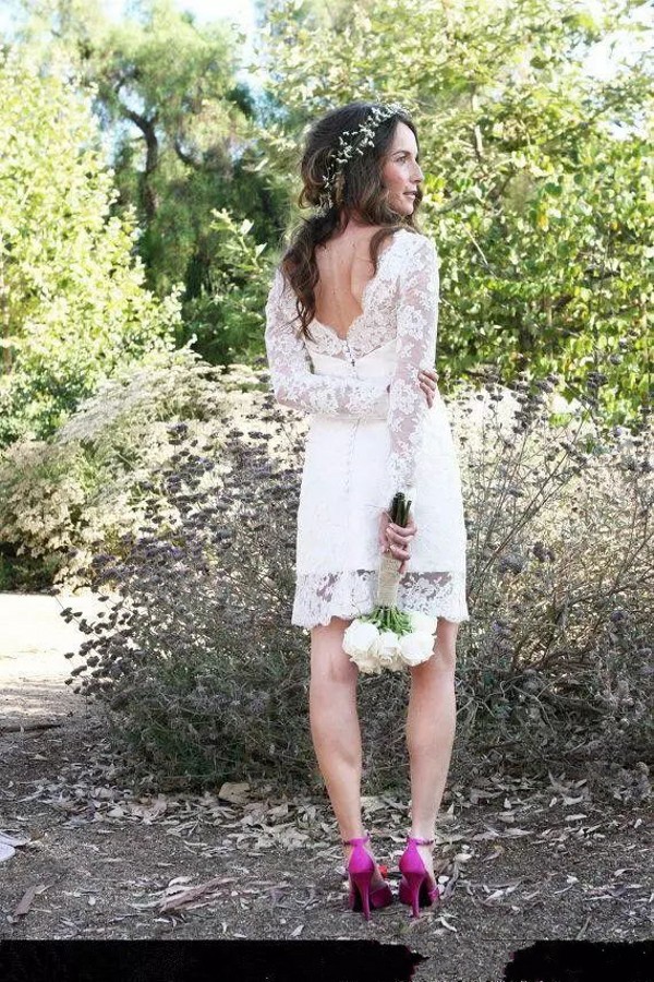 Fall 2018 Informal Short Wedding Dresses Jewel Neck Low Cut Back Long Sleeve Above Knee Length Full Lace Bridal Gowns