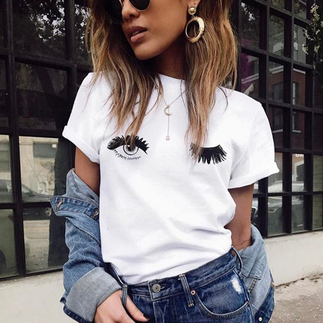 Casual 2018 Cute T-shirts Wink Eyes And Eyelashes Printed Women Tops Short Sleeve Tshirts Cotton White O Neck Summer Blusas New 
Casual 2018 Cute T-shirts Wink Eyes And Eyelashes Printed Women Tops Short Sleeve Tshirts Cotton White O Neck Summer Blusas New