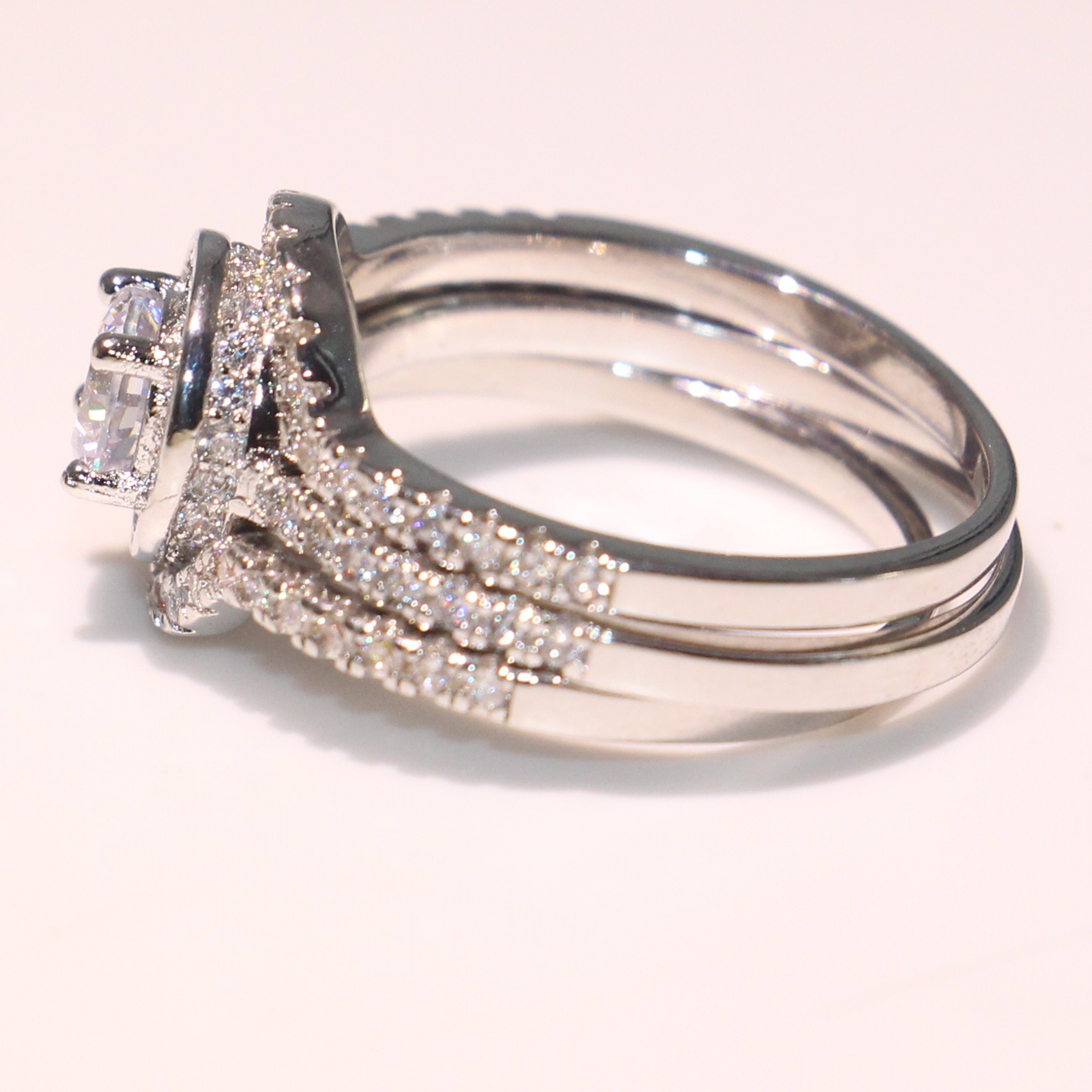 10KT White Gold Fill Topaz Pave CZ Dia 3pcs Wedding Band Ring for Women