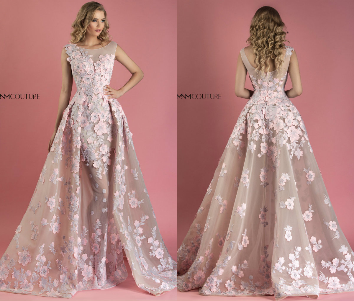 MNM Couture Mermaid Prom Dresses With Detachable Train Lace Applique Jewel Neck Luxury Evening Gowns Sweep Train Pink Formal Dress Party