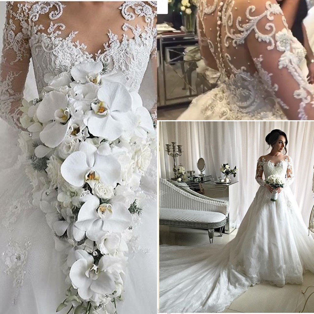 Dubai Arabic New Sheer Neck Long Sleeves Beaded Robe De Mariage Cathedral Train Wedding Dress Bridal Gowns Church 6660306