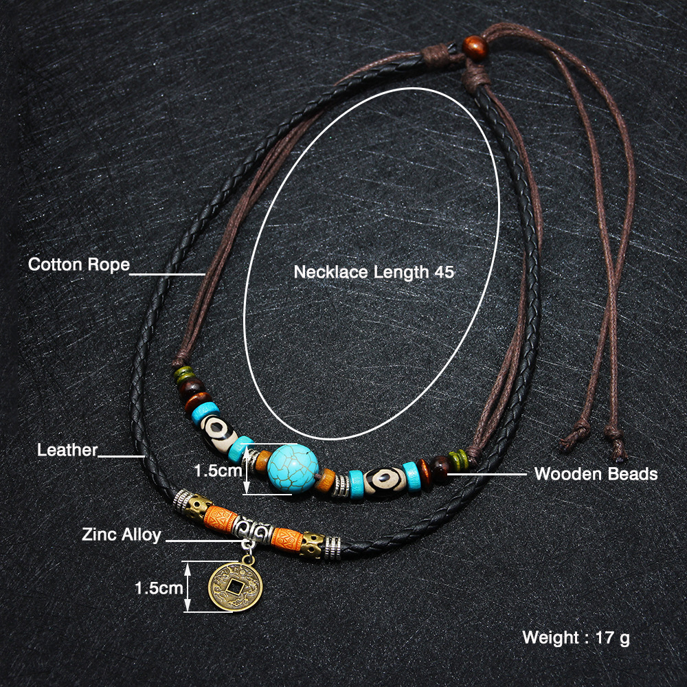 MNWT Ancient Coin Pendant Necklace/Multilayer Wood Beads Necklace Bohemian Fashion Jewelry Genuine Leather Men Necklaces
