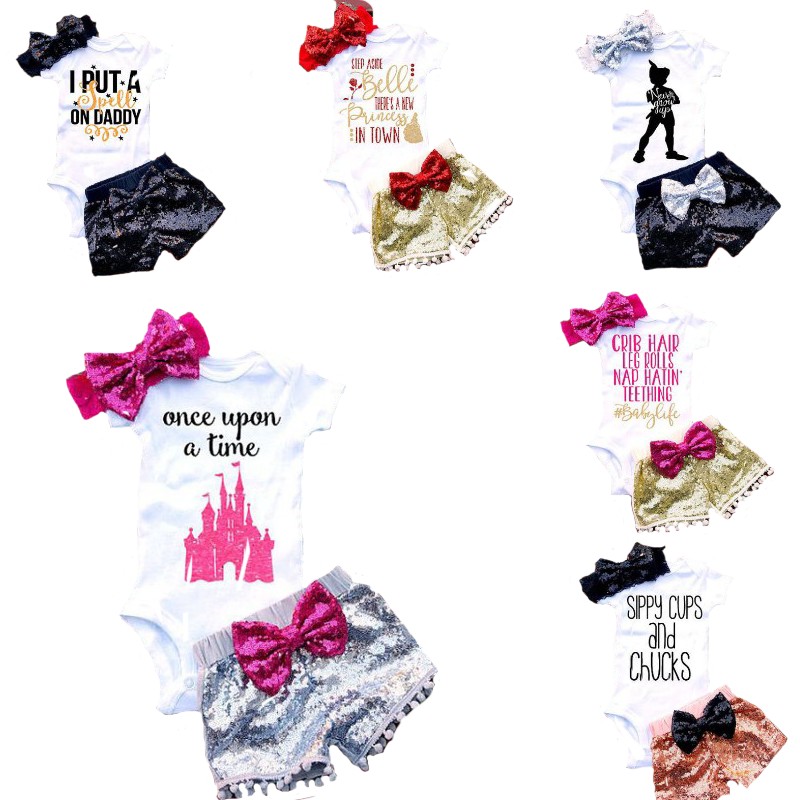 baby outfits for girl Letter Infant Rompers Sets Newborn Clothing Sets Kids triangle jumpsuit +paillette shorts+bow Hair band 3pcs set C1524
baby outfits for girl Letter Infant Rompers Sets Newborn Clothing Sets Kids triangle jumpsuit +paillette shorts+bow Hair band 3pcs set C1524