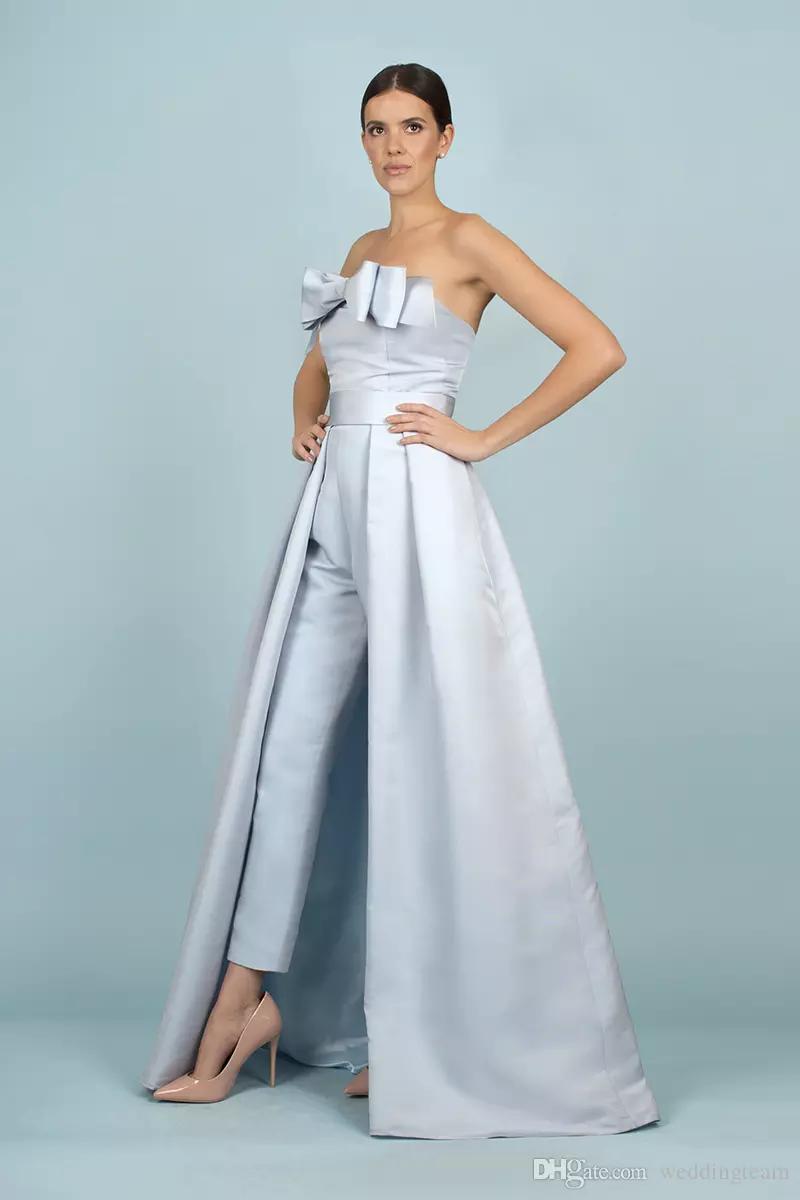 Light Sky Blue Women Jumpsuits With Detachable Train Bow Strapless Neck Elegant Prom Dress Party Formal Evening Gowns Satin Overskirt