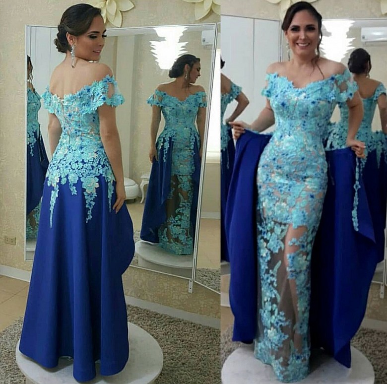 Off Shoulder Floor Length Blue Deatchable Train Applique Lace Evening Dresses New Party Dresses Elegant Prom Dresses