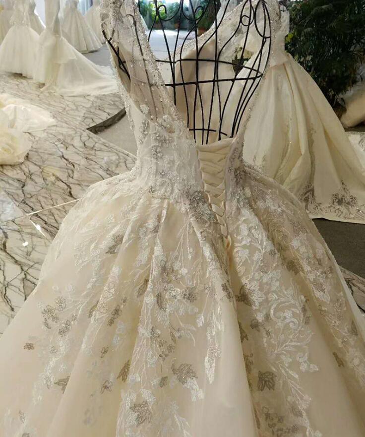 Real Pictures Dresses V Neck Beading Appliques Lace Up Back Sweep Train Dubai Arabic Bridal Gowns Wedding Dress
