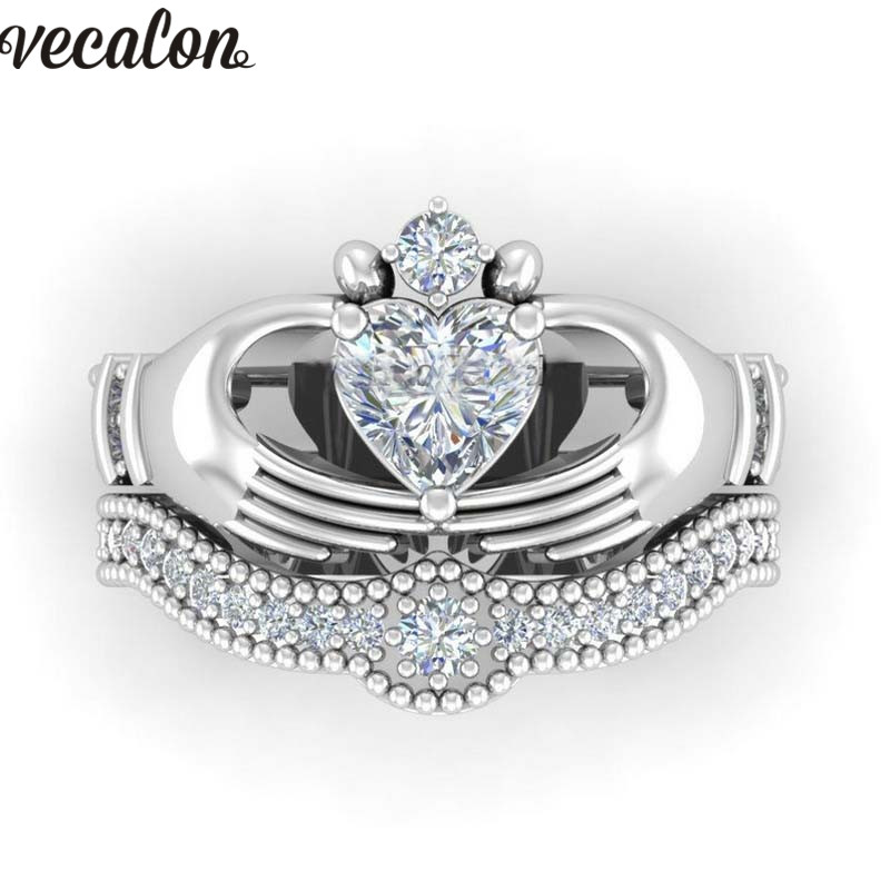 Vecalon Lovers 5 Colors Birthstone claddagh ring 5A Zircon Cz White gold filled Engagement wedding Band ring Set for women men