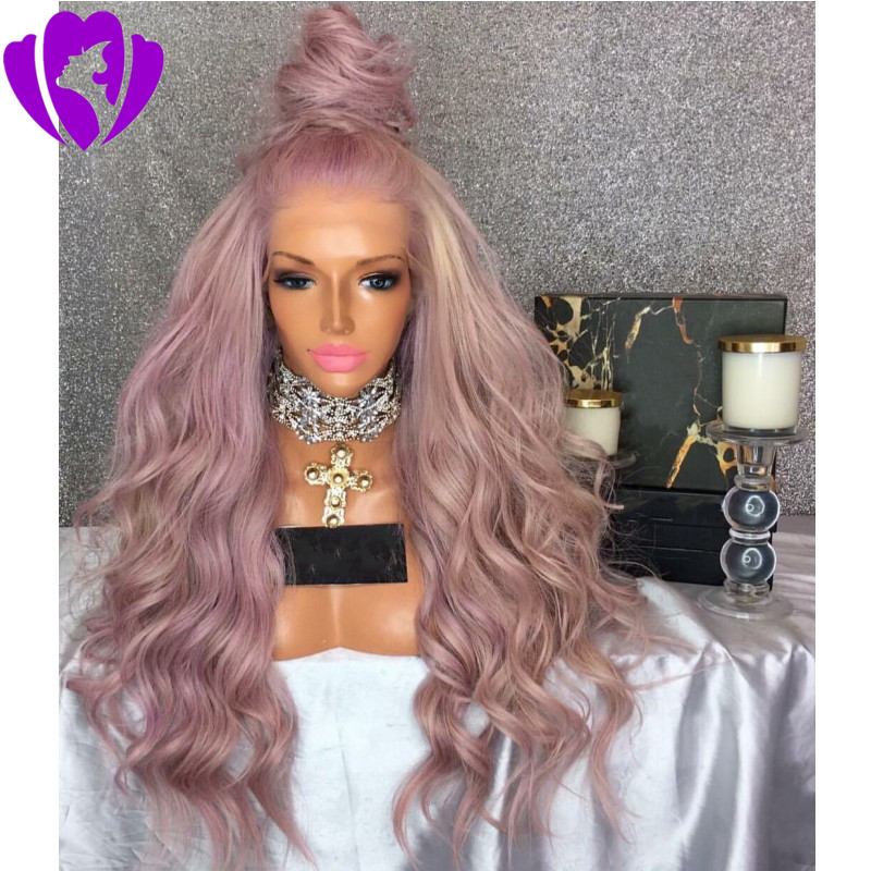 purple body wave synthetic lace front wig with free parting natural look purple heat resistant fiber hair for white woman