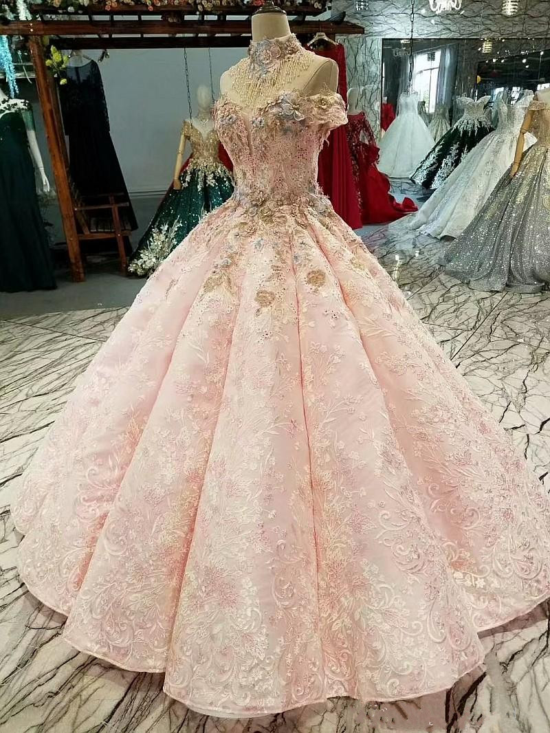 Luxury Pink Ball Gown Prom Dresses Off The Shoulder Lace Appliqued Beads Dress Evening Wear Plus Size Custom Made New Formal Party Gowns