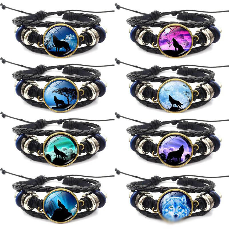 Moon Wolf Howling Handmade Glass Cabochon Woven Leather Bangles Mens Black Animal Bracelet DIY Jewelry for women
Moon Wolf Howling Handmade Glass Cabochon Woven Leather Bangles Mens Black Animal Bracelet DIY Jewelry for women