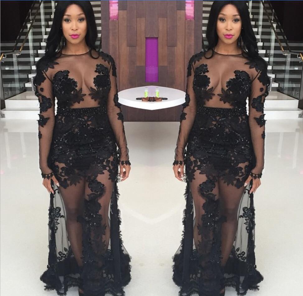 Black Sexy Illusion Plus Size Prom Dresses See Through Lace Appliques Sequins Mermaid Evening Gowns Floor Length Homecoming Dress