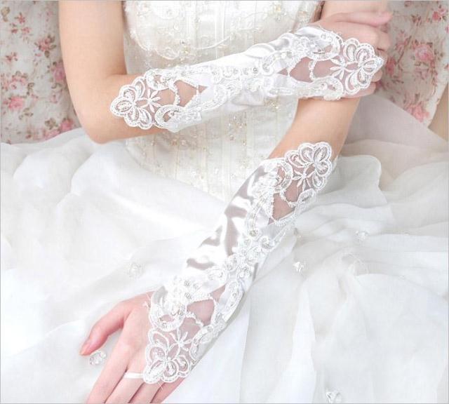 New Arrival Lace Satin Bridal Gloves Below Elbow Length Sequins Beads Design Four Colors Bride Gloves