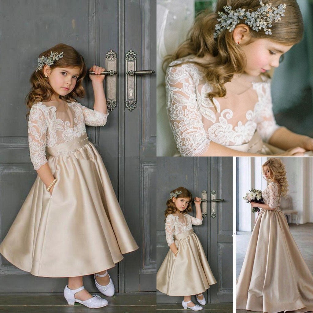 2018 Flower Girls Dresses Jewel Neck Champagne Ankle Length 3/4 Sleeves Illusion Lace Applique Satin Birthday Dresses Girls Pageant Gowns, Silver
2018 Flower Girls Dresses Jewel Neck Champagne Ankle Length 3/4 Sleeves Illusion Lace Applique Satin Birthday Dresses Girls Pageant Gowns, Silver