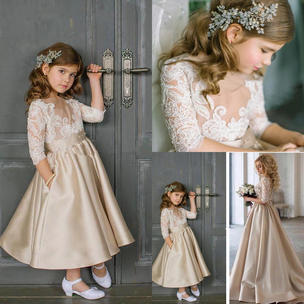 

2018 Flower Girls Dresses Jewel Neck Champagne Ankle Length 3/4 Sleeves Illusion Lace Applique Satin Birthday Dresses Girls Pageant Gowns, Silver