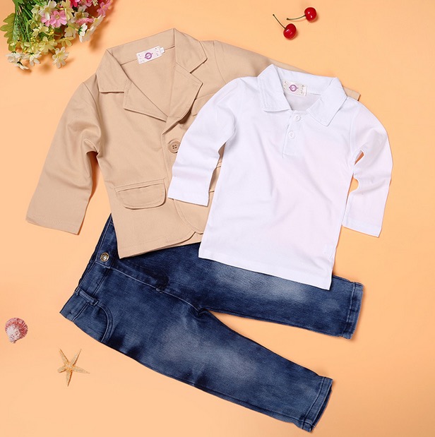 european fashion boys sets baby kids boys jacket+polo shirt+denim pants 3-piece children denim clothing sets