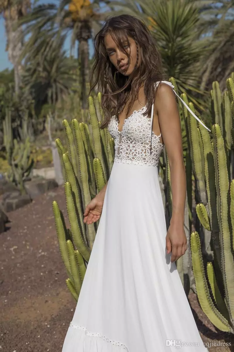 new beach bohemia wedding dresses a line spaghetti v neck backless chiffon bridal gowns boho lace appliqued wedding dress