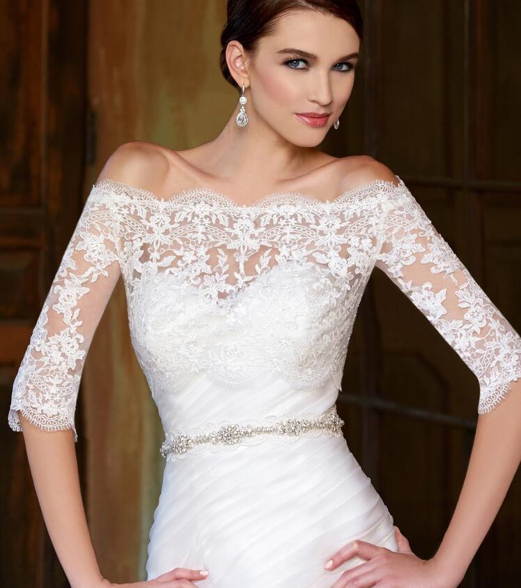 Lace Wedding Jackets Simple Shawl For Sweetheart Wedding Dresses Elegant Long Sleeve Bridal Jackets White Wedding Accessories Off Shoulder