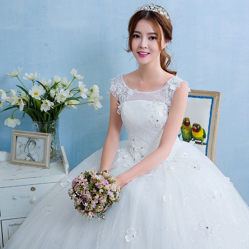 Grils New Spring and Summer O-neck Perfect Fashion Lace Ball Gown Wedding Dress 2018 Bride Dresses Vestido De Noiva with Flower