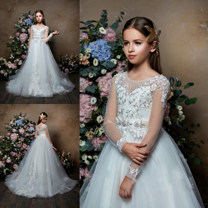 Pentelei 2019 Long Sleeves Flower Girl Dresses For Weddings Lace Appliqued Beads Little Kids Baby Gowns Cheap Princess Communion Dress