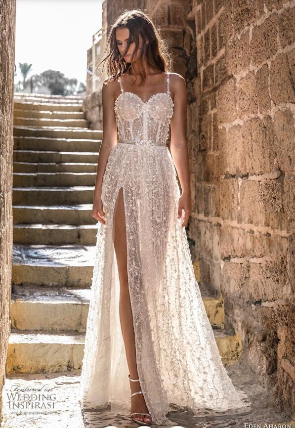 2019 A Line Beach Lace 3D Floral Appliques Side Split Spaghetti Floor Length Country Wedding Dress Illusion Bridal Gowns
