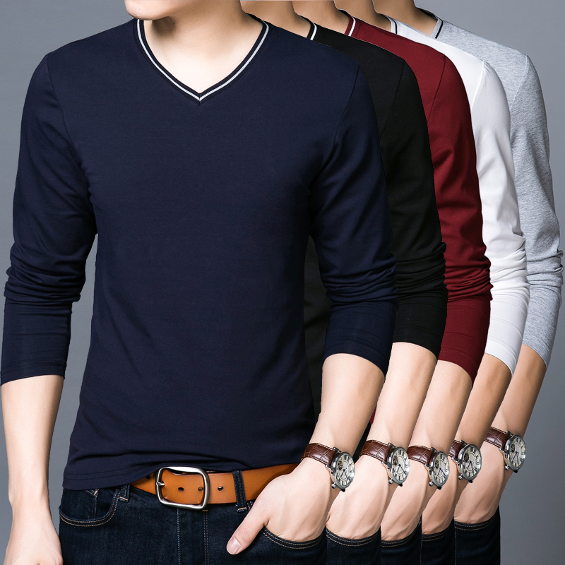 2018 New Fashion Brand Tshirt Mens V Neck Cotton Tops Street Style Trends V Neck Solid Color Long Sleeve T-Shirt Men Clothing