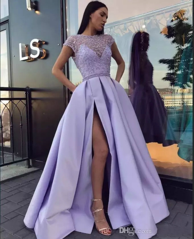Lavender Long Prom Dresses With Lace Beads Short Sleeve A Line Satin Split Floor Length Evening Dress Formal Special Occasion Party Gowns