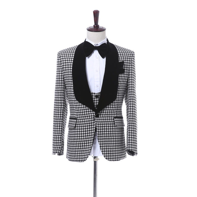 New Fashion Houndstooth Groom Tuxedos Groomsmen Blazer Excellent Men Business Formal Prom Party Suit Customize(Jacket+Pants+Tie+Vest) NO;937