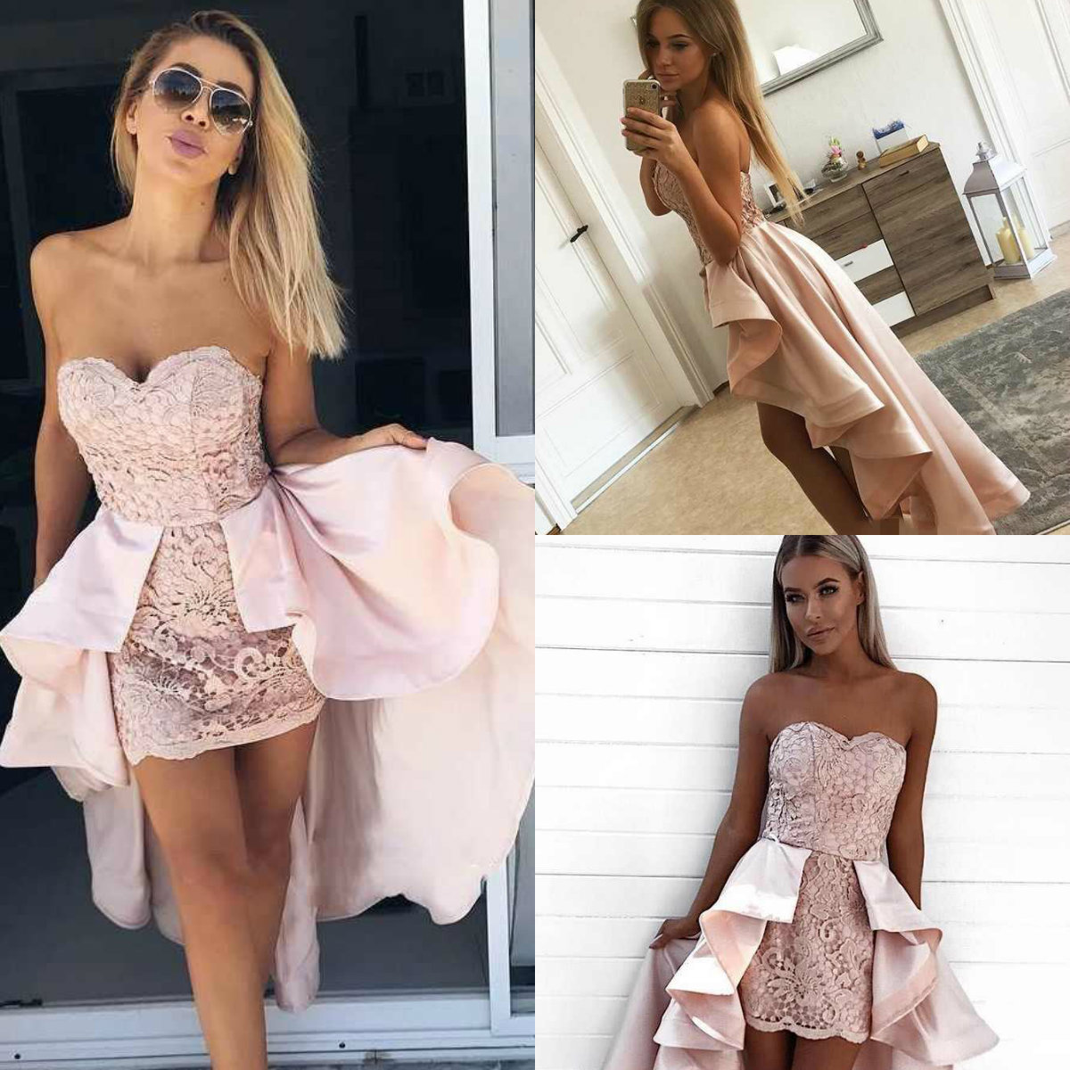 Sexy New Pink Homecoming Dresses Sweetheart Neck Sleeveless Lace Appliques Satin Train Short Prom Dress Cocktail Graduation Gowns
