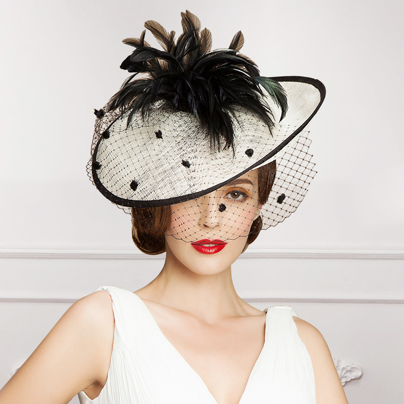 Vintage Lady Black and Ivory Hat Perfect Birdcage Headpiece Head Veil Feather Wedding Bridal Accessories Party Women Bride Fascinator Hat