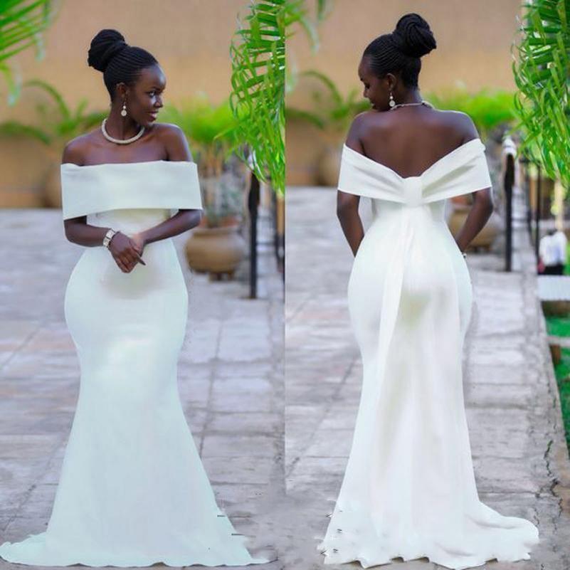 African White Prom Dresses Sexy Off Shoulder Satin Sweep Train Mermaid Evening Gowns Plus Size Formal Party Dress Cheap