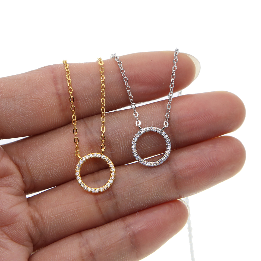 2018 simple 925 sterling silver geometric round circle shaped link chain necklace micro pave cz circle shinny silver Classic simple design