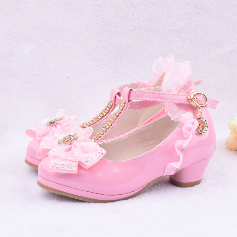 On Sale Children Party Leather Shoes Toddler Girls PU Low Heel Lace Flower Kids Shoes For Girls Single Shoes Dance Dress Shoe White Pink