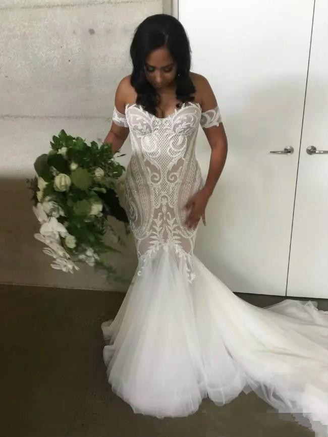 mermaid beach wedding dresses off the shoulder plus size wedding dress chapel train hot sale lace appliqued bridal gown