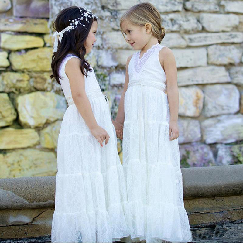 White V Neck Weddings Guest Cheap Long Beach Flower Girl Dresses Vintage Lace Girls Birthday Party Dress 0521