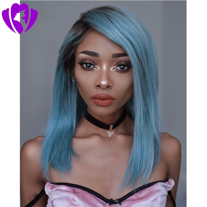 Side part Blue Lace Front Wig Glueless 16Inch Short Ombre Wig With Baby Hair Heat Resistant Synthetic Wigs For black Women