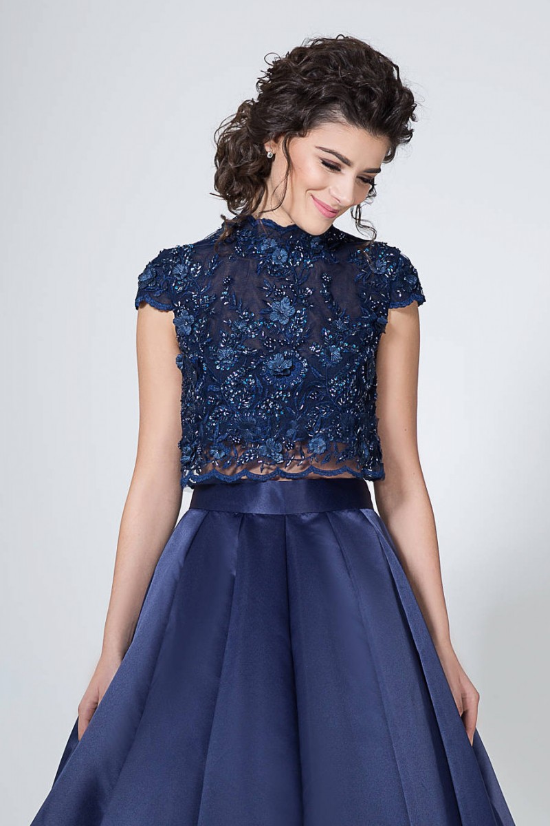 Dark Navy Two Pieces Prom Dress High Collar Embroidery Sequins Beaded Covered Button Long Evening Dresses