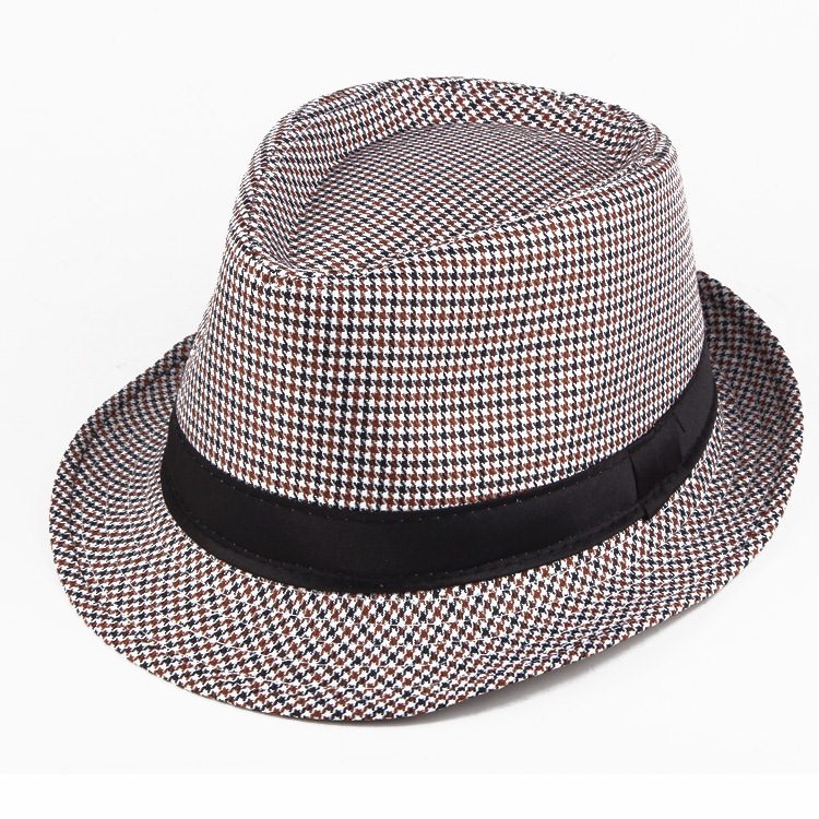 Unisex Wool Houndstooth Felt Fedora Hat With Bands Classic Plaid Jazz Top Caps Panama Bowler Brim Caps For Gentleman
