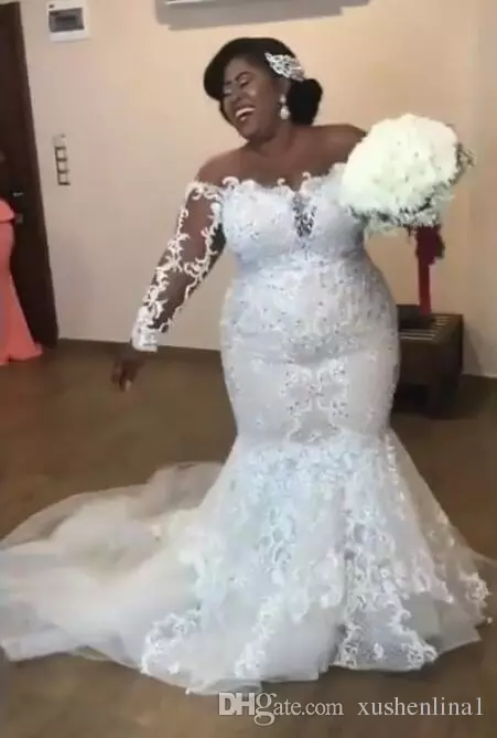 Amazing African Mermaid Dresses Beaded Lace Appliques Long Sleeve Bridal Gowns Sexy Sheer Scoop Plus Size Wedding Dress