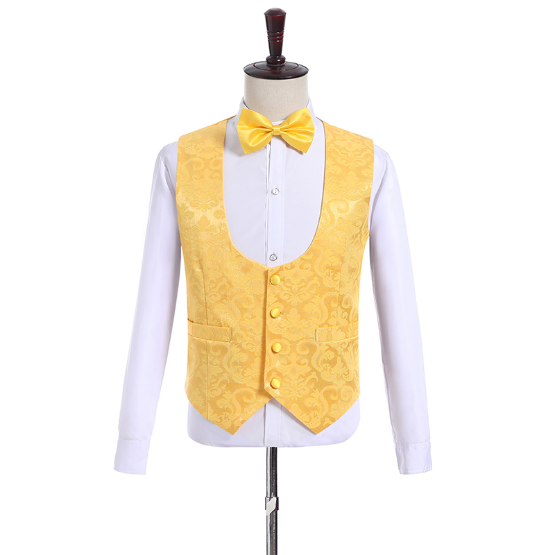 Collection -- Gold Yellow Jacquard Groom Tuxedos One Button Side Vent Groomsmen Blazer Excellent Men 3 Piece Suit(Jacket+Pants+Tie+Vest)410
