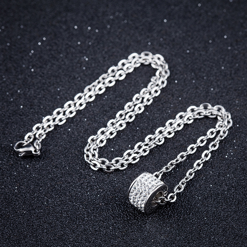 Round Lucky Pendant Necklace Full Cubic Zirconia Setting Transfer Beads 316L Stainless Steel Women Men's Jewelry