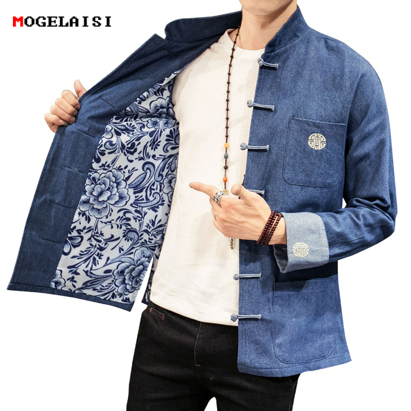Chinese Style Jackets Men Jeans Blue Open Stitch Retro Jacket Autumn Buttons Man Clothing Embroidery Mens Jackets Size M-5XL