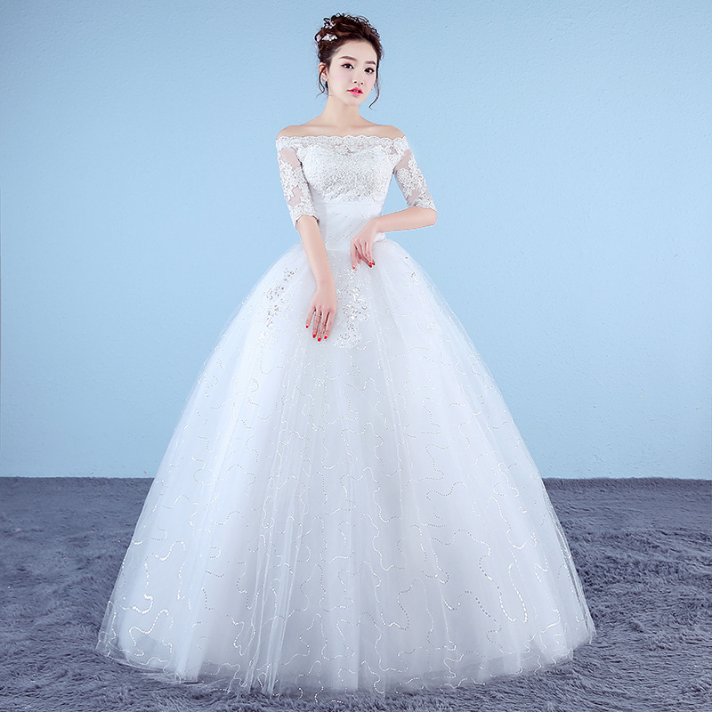 Customized White Princess Simple Wedding Dresses 2018 New Korean Style Lace Half Sleeve Boat Neck Bridal Gown vestido de noiva