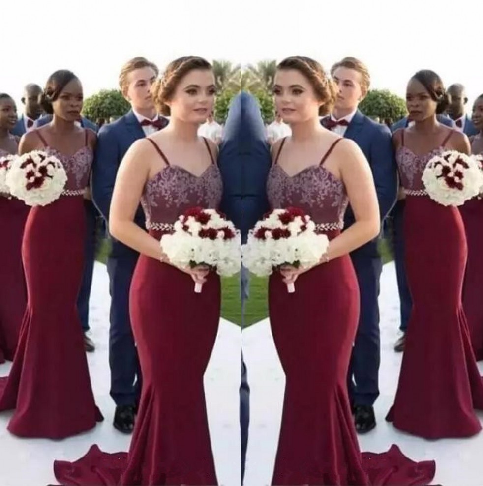 Burgundy Spaghetti Straps Satin Mermaid Long Bridesmaid Dresses Lace Applique Beaded Floor Length Wedding Guest Maid Of Honor Dresses
Burgundy Spaghetti Straps Satin Mermaid Long Bridesmaid Dresses Lace Applique Beaded Floor Length Wedding Guest Maid Of Honor Dresses